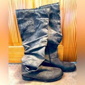 JustFab Marcelle knee high boots with lace-pattern detail